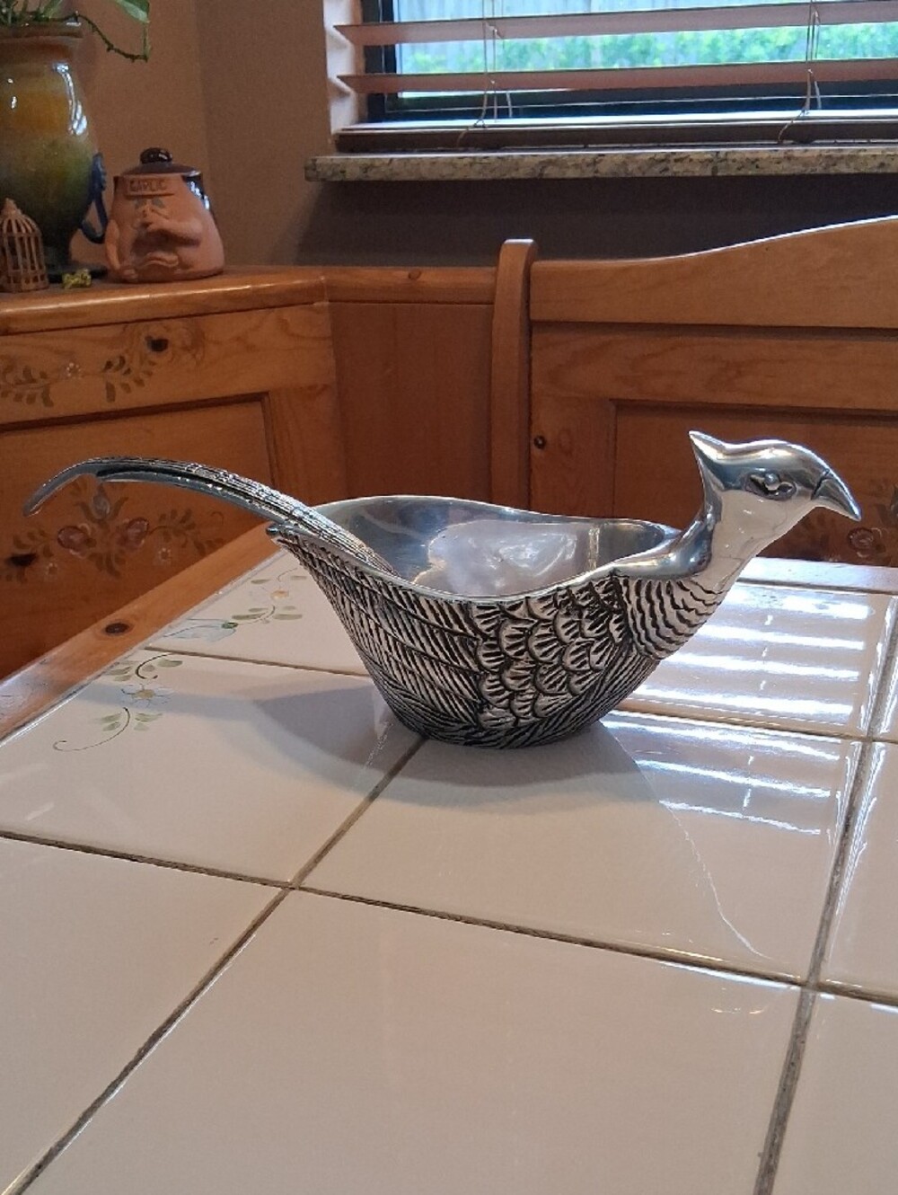 RARE FIND Pottery Barn Silvertone Pewter Pheasant Sauce Bowl With Tail Ladle. - Picture 2 of 16